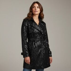 NWT Runway New York Womens Black Sequin Trench Coat Double Breasted Belted SZ S